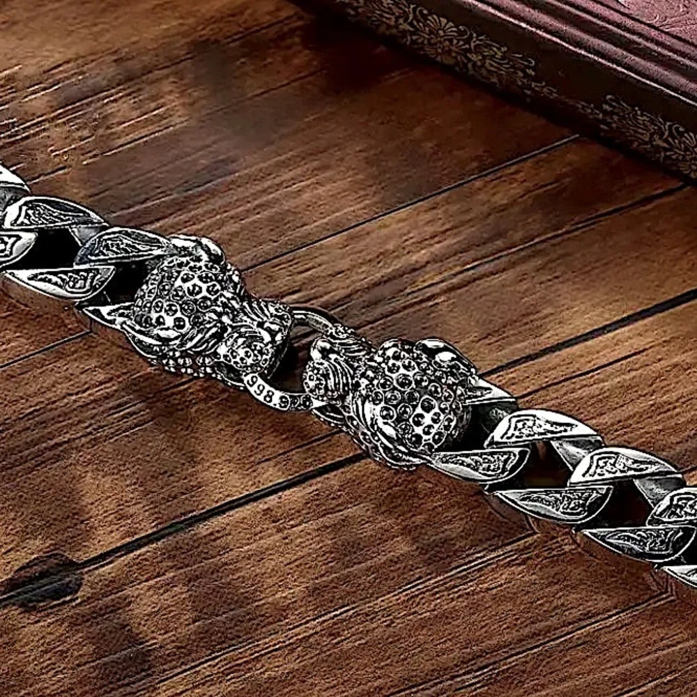 Stainless Steel Leopard Viking Bracelet, Double Headed, Norse, Horsetail, Chain